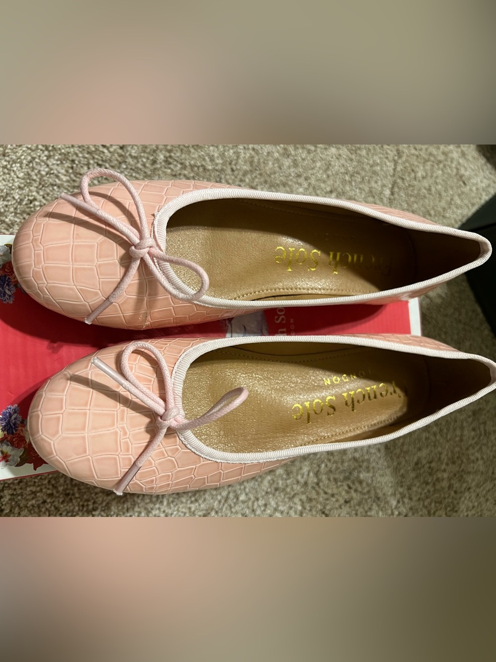 French Sole Pale Pink Croc-Embossed Ballet Flats with Bow Trim